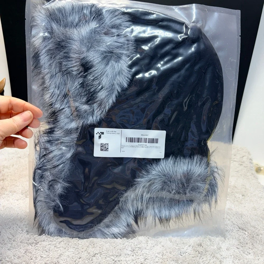 Womens Faux Fur Trapper Hat Black Grey Aviator Ushanka Winter Ear Flap Pom Pom